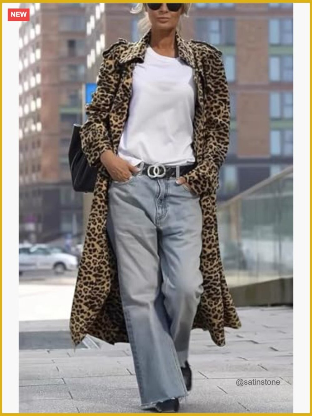 Faux Suede Notch Lapel Leopard Print Duster Trench Coat Loose Pea Coat - Picture 2 of 7